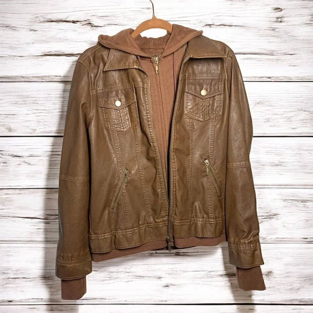 Coalition LA Camel Bomber Jacket Hoodie Double Zip Vegan Leather Sz Large NWT - Picture 2 of 12